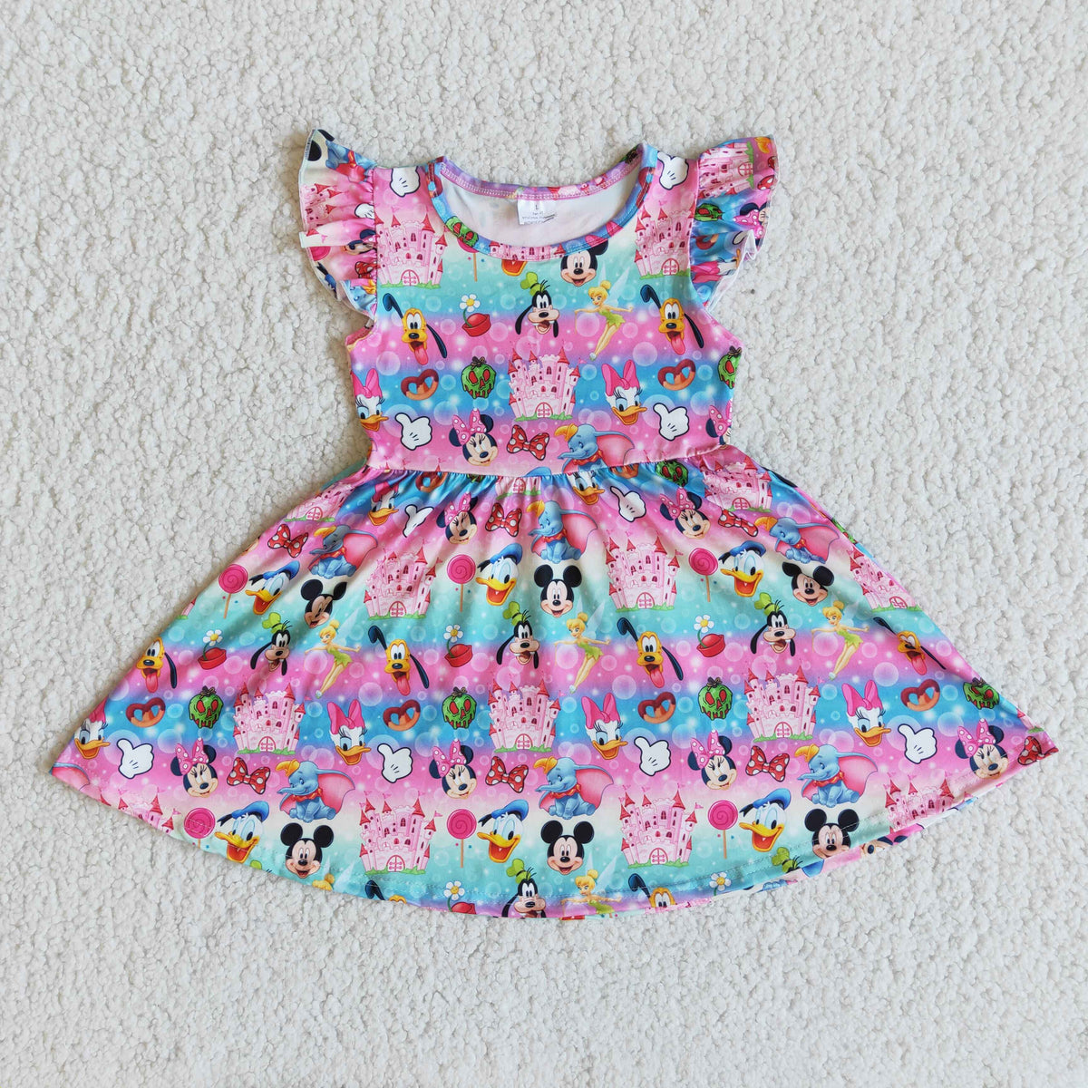 Cartoon Print Flutter Sleeve Twirl Dress