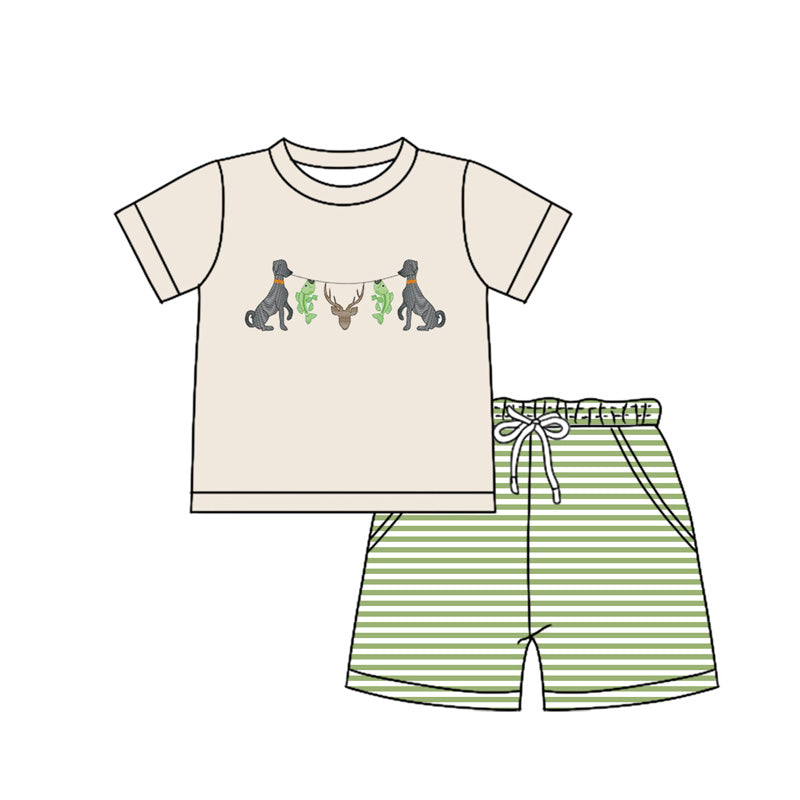 MOQ 3 Custom Hunting Dog Deer Fishing Short Sleeve Green Striped Shorts Boys Set