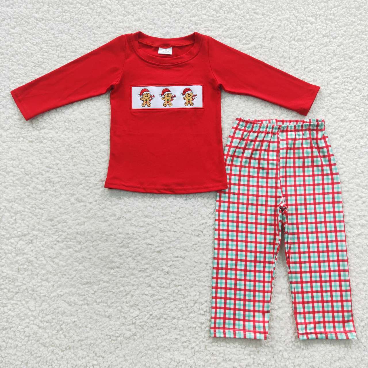 BLP0202 Christmas Gingerbread Man Red Long Sleeves Plaid Print Boys Clothes