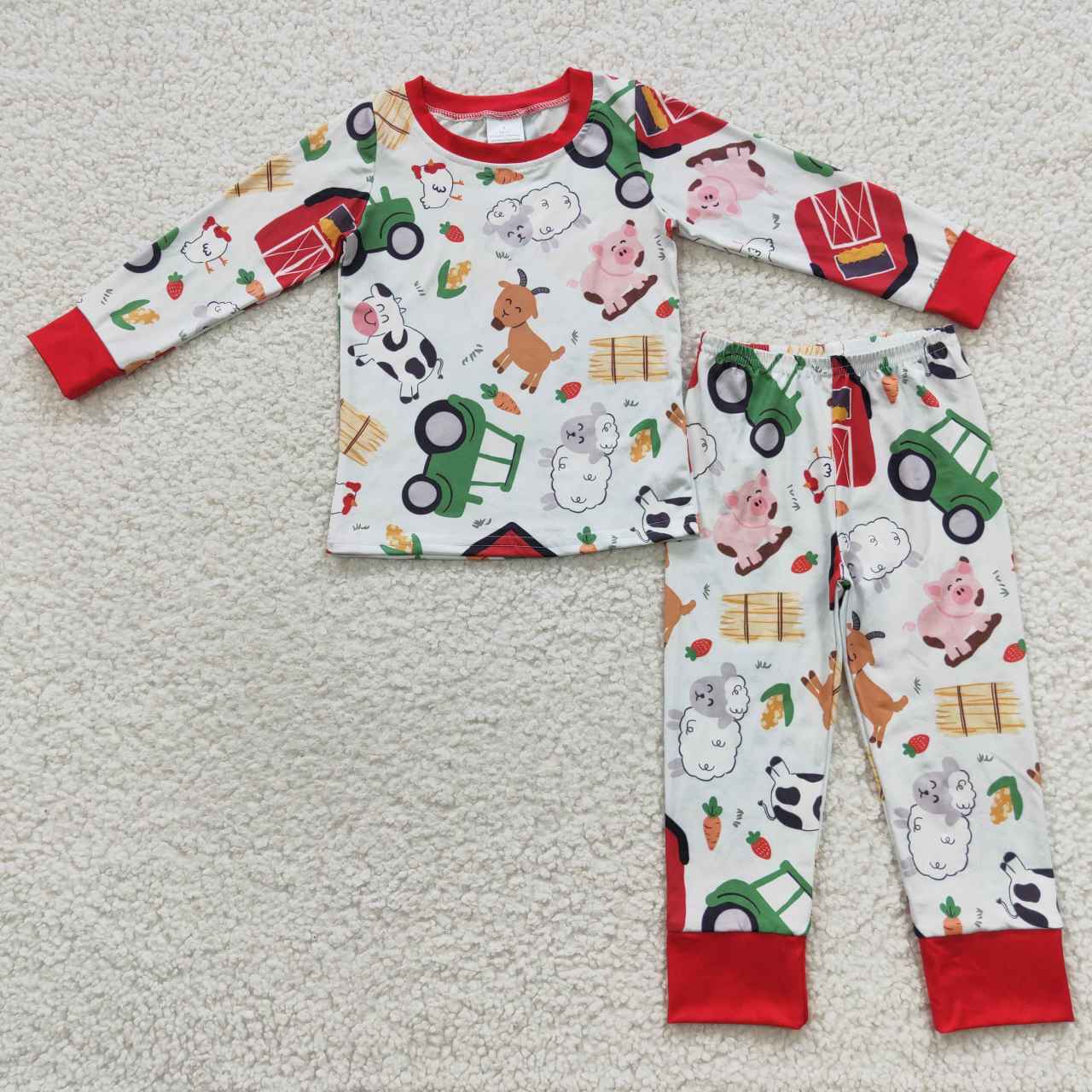 BLP0197 Farm House Truck Animals Long Sleeves Red Pants Boys Pajamas
