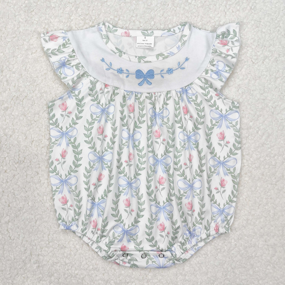 embroidery SR2543 pink flowers blue bows flutter sleeve girls romper
