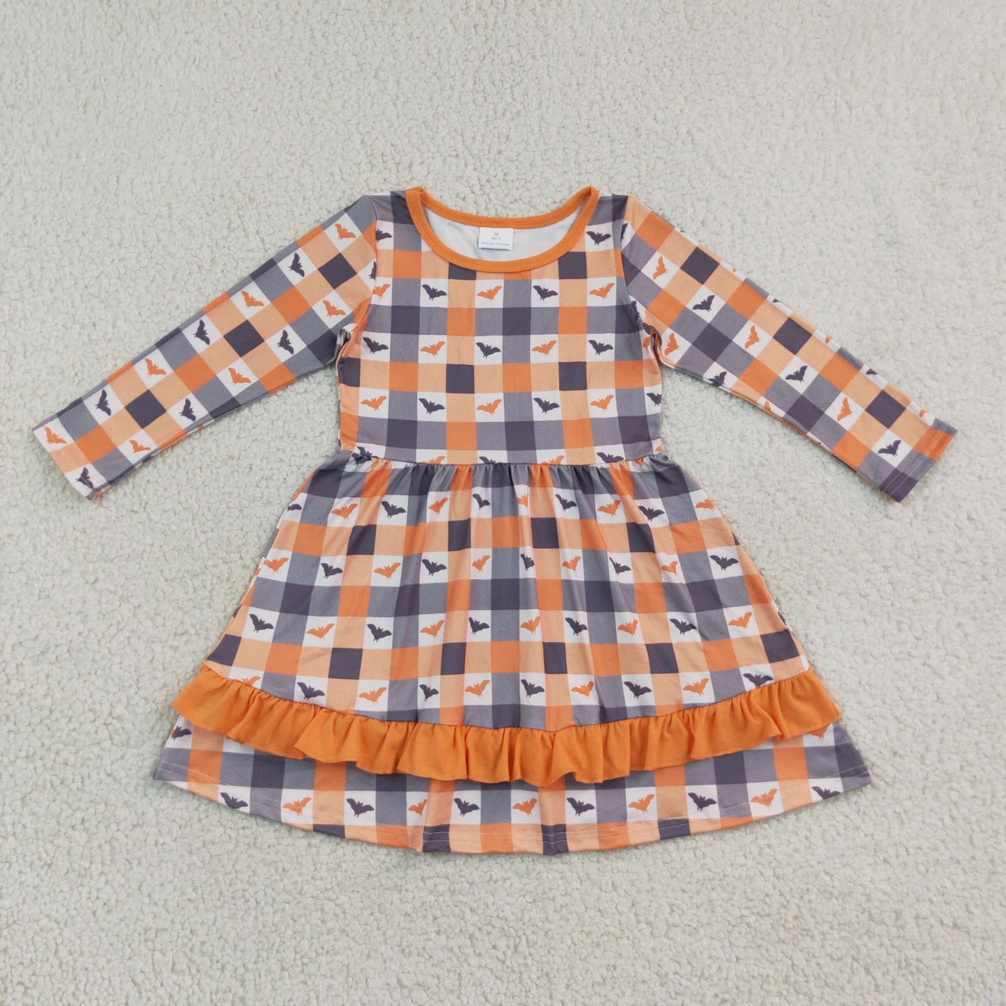 GLD1707 Halloween Bat Checkered Long Sleeve Girls Dress
