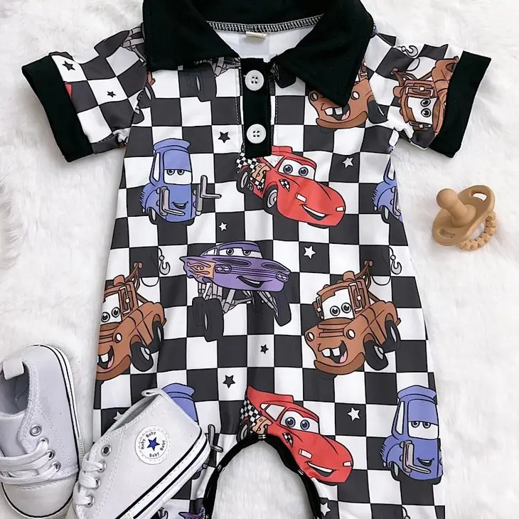 preorder SR1104 Cartoon car black checkered short sleeve boys romper