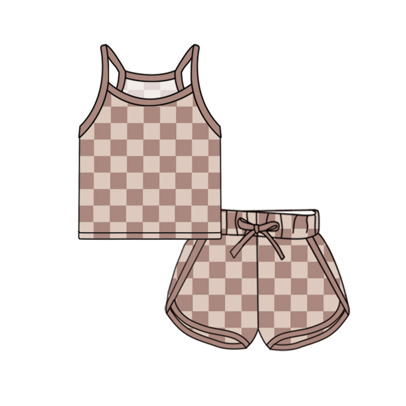 preorder khaki checkered camisole shorts girls Summer set