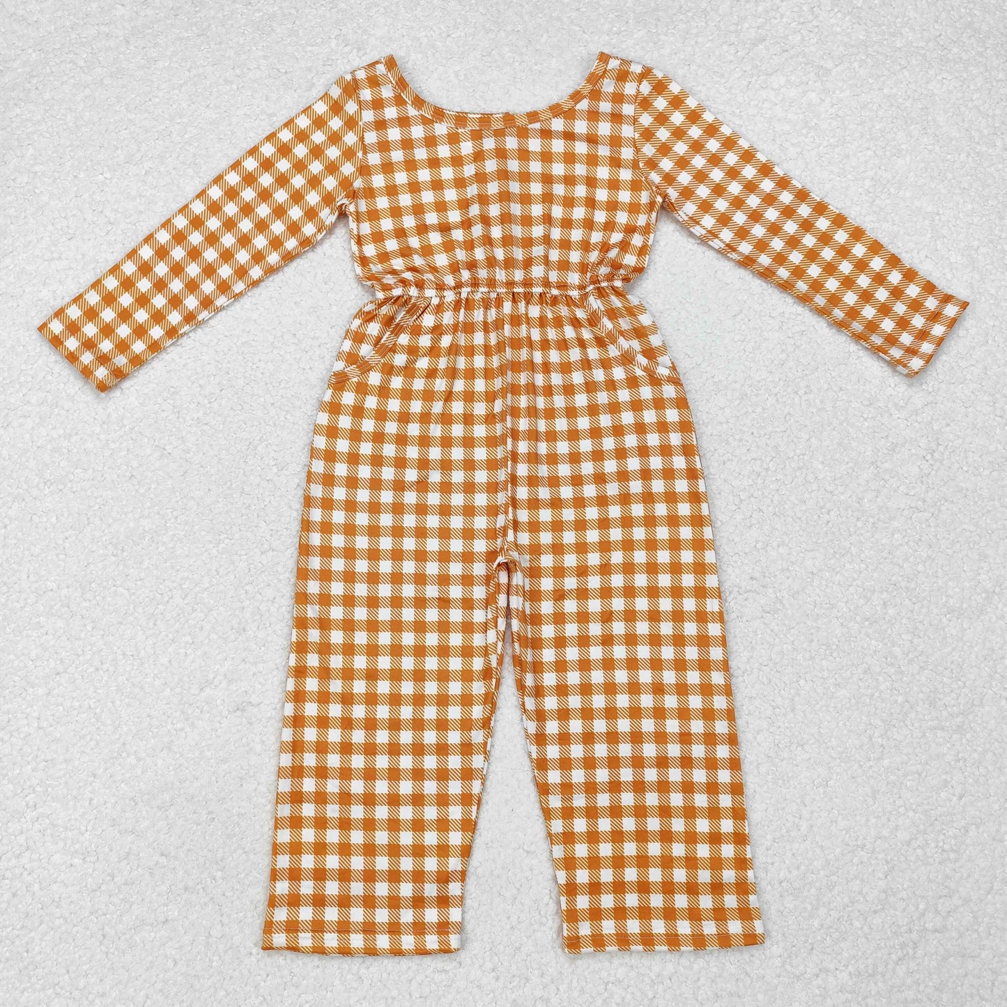 LR1840 khaki checkered long sleeve girls jumpsuits