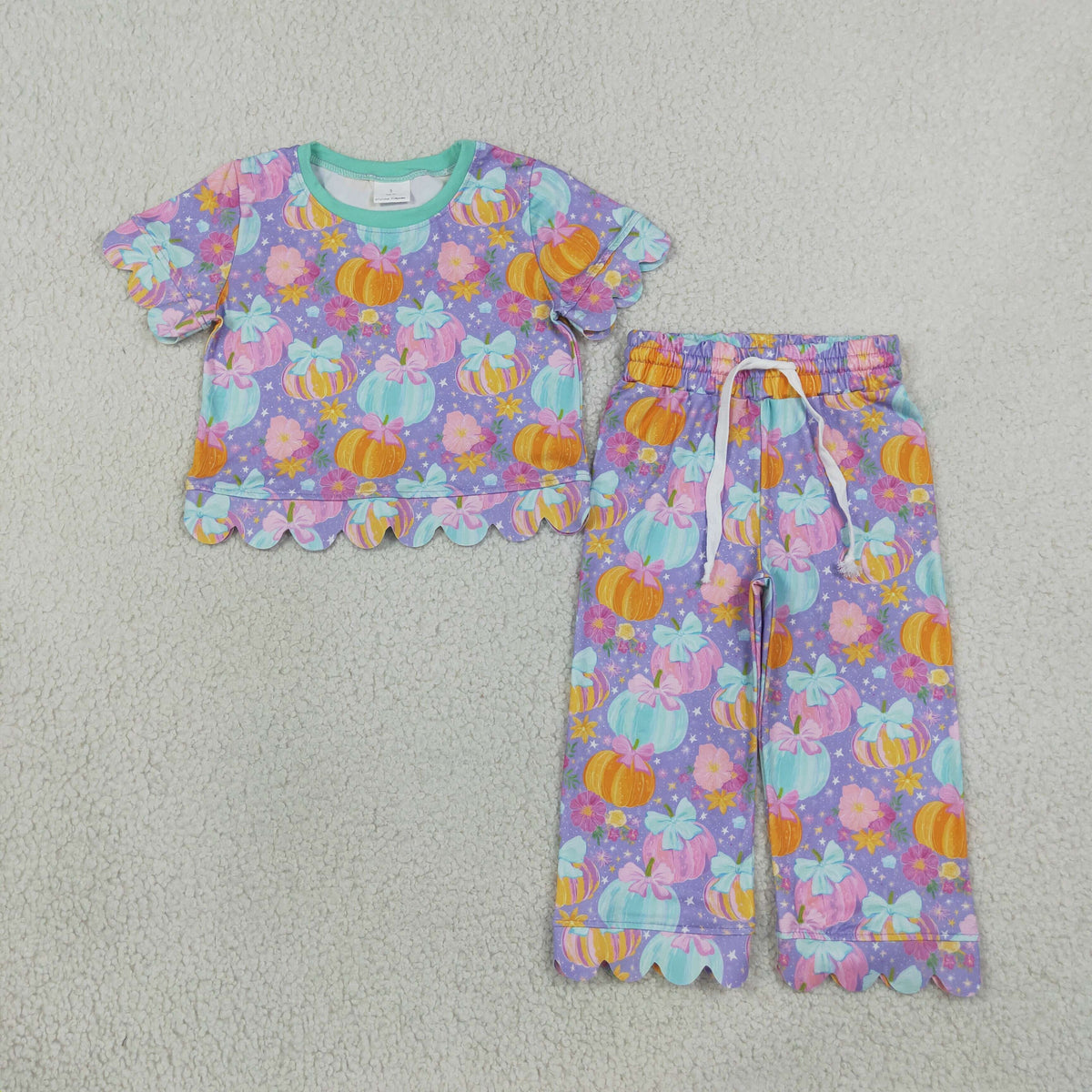 GSPO2364 Scallop Pumpkin Bows Purple Short Sleeve Pants Girls Set