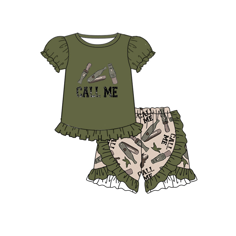 custom Call me duck green short sleeve ruffles shorts girls set