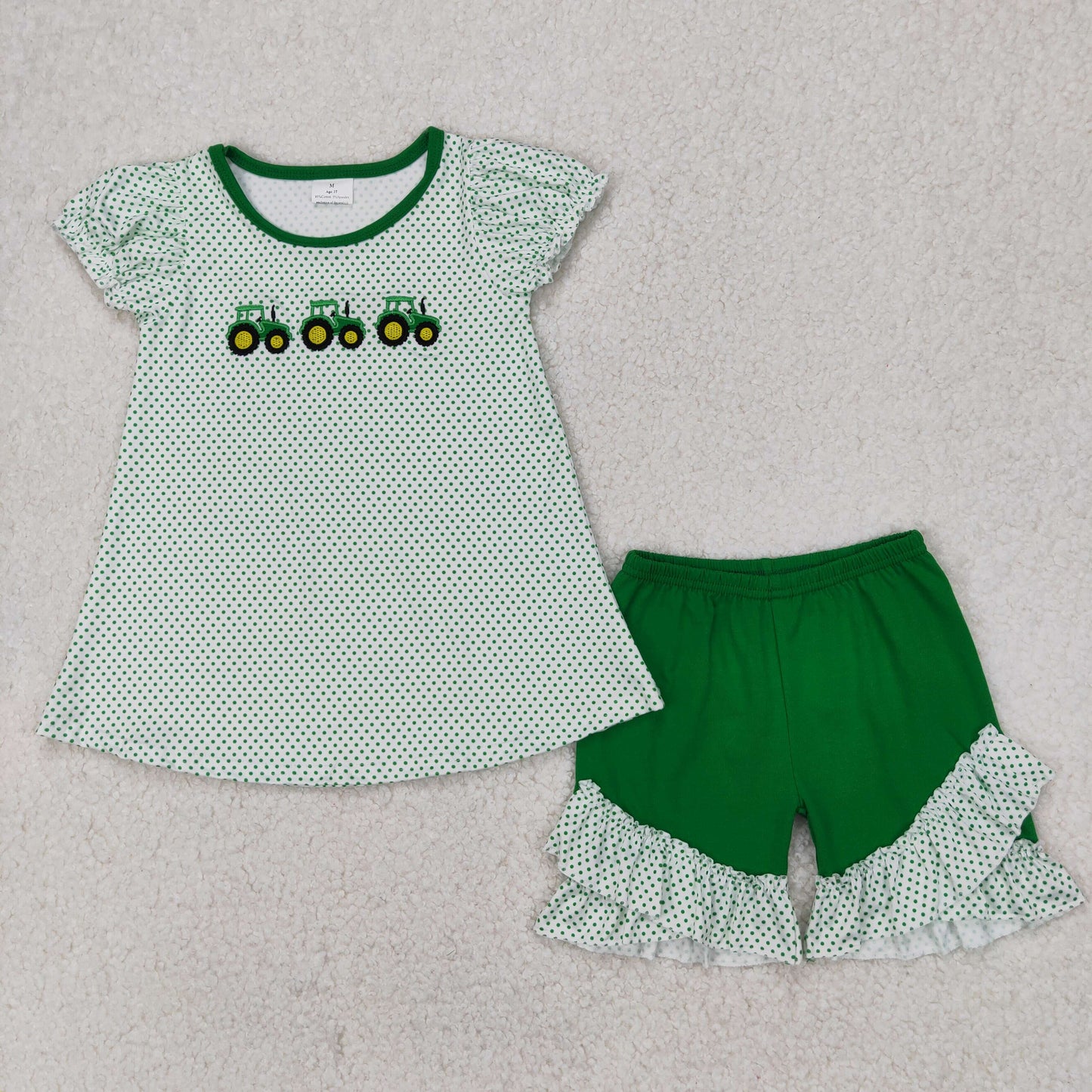 GSSO2268 embroidery farm tractor geen dot short sleeve green shorts girls set