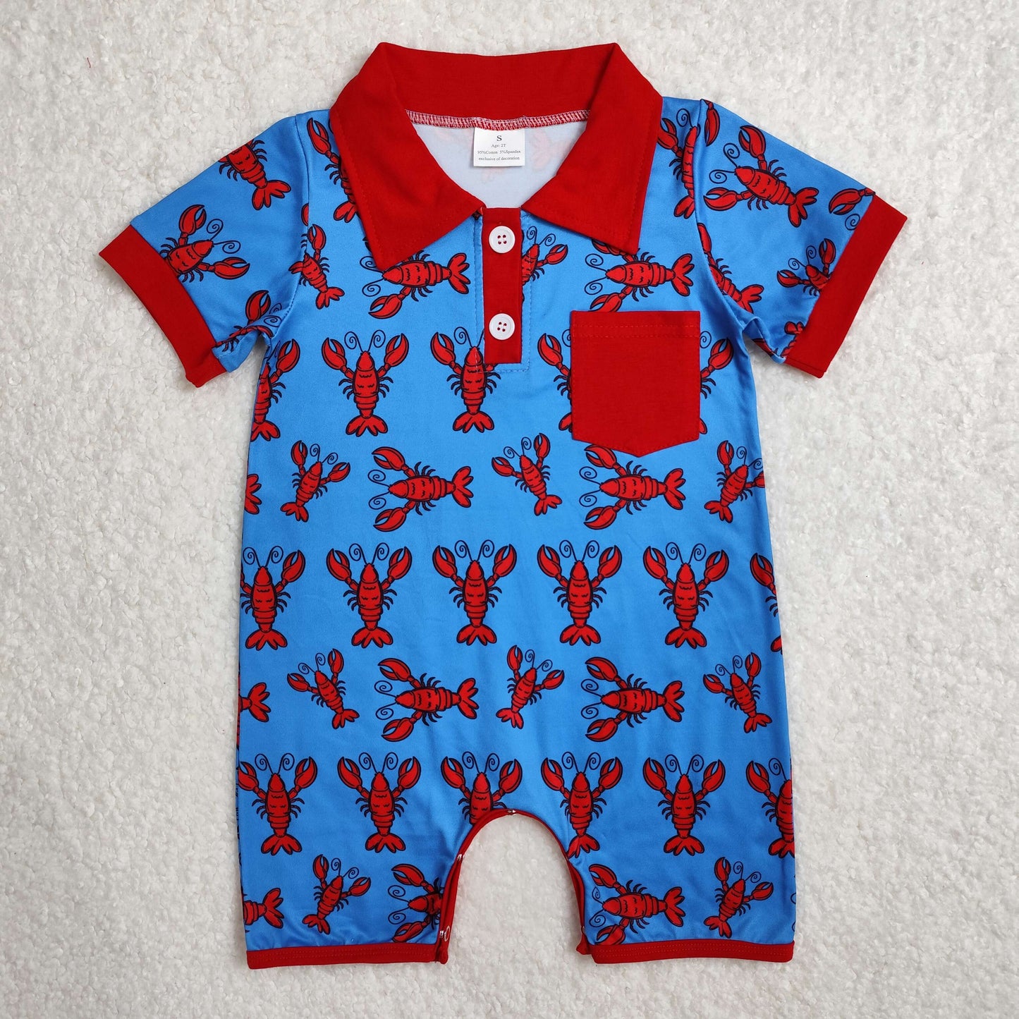 SR2460 Red Crayfish Pocket Blue Short Sleeve Boys Romper