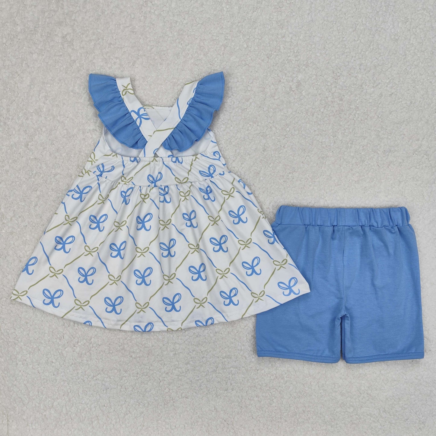 GSSO2109 blue bows pink bows with bow flutter sleeve shorts girls set