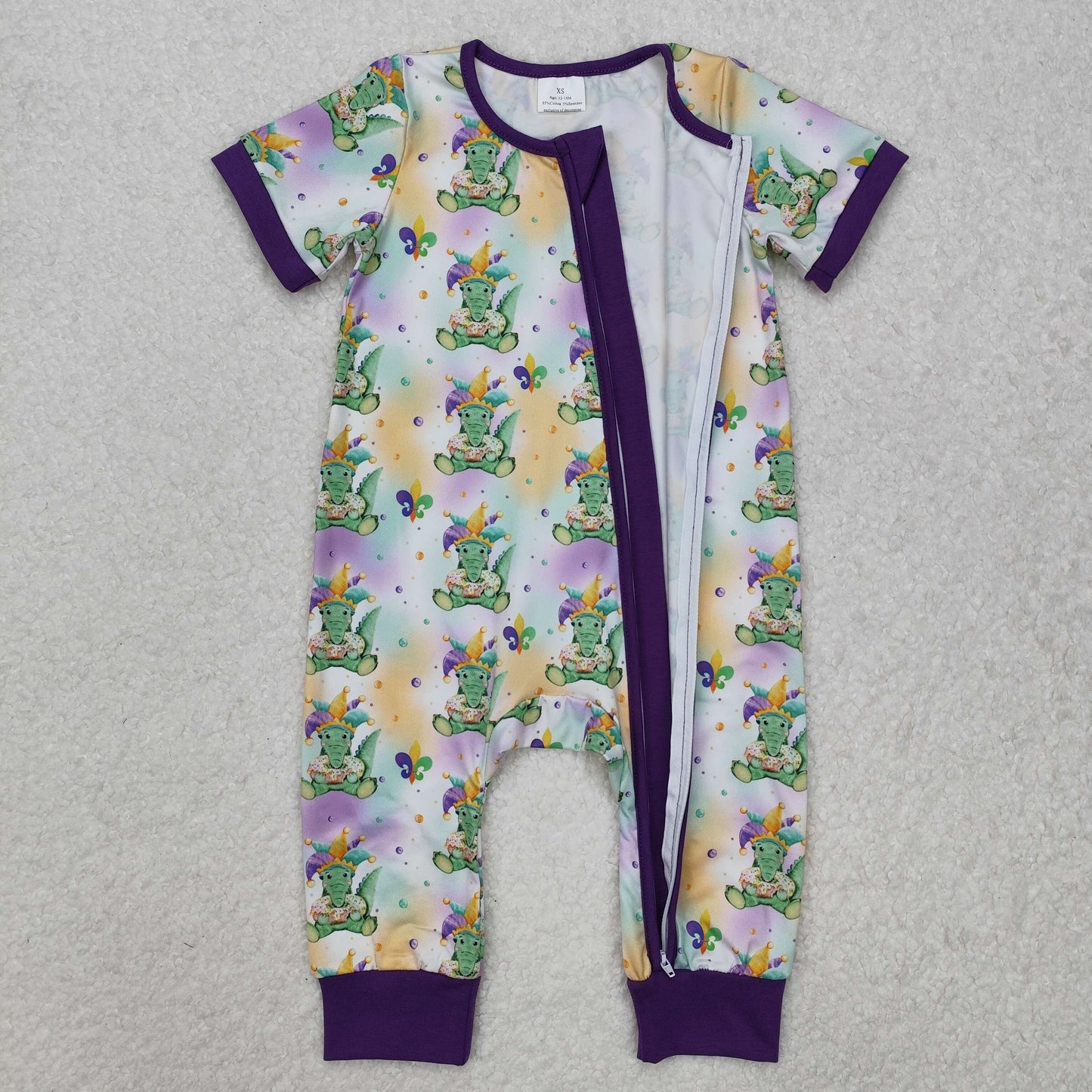 SR2398 Mardi Gras Dinosaur Purple Short Sleeve Zipper Boys Romper