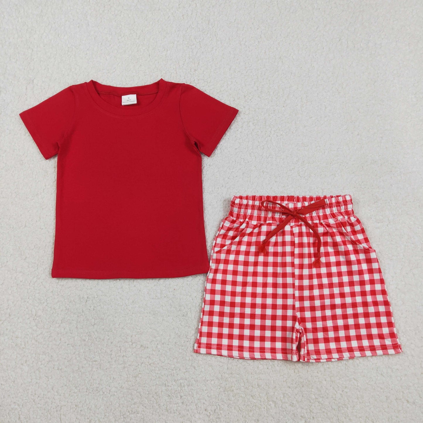 BSSO1884 Red Short Sleeve Red Checkered Shorts Boys Set