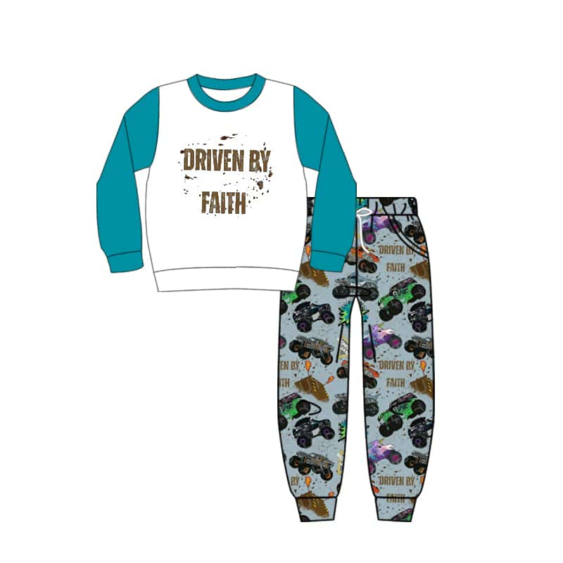 custom driven by faith long sleeve cartoon car grey pants boys set