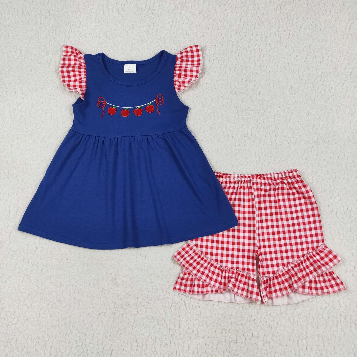 GSSO2314 bacl to school apple navy blue flutter sleeve red checkered shorts girls set