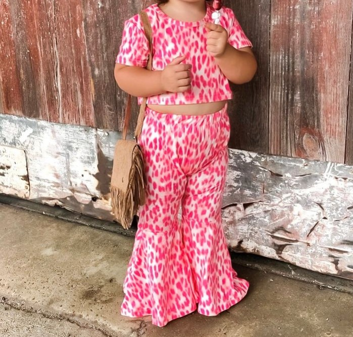 preorder GSPO1144 Hot pink leopard short sleeve pants girls set