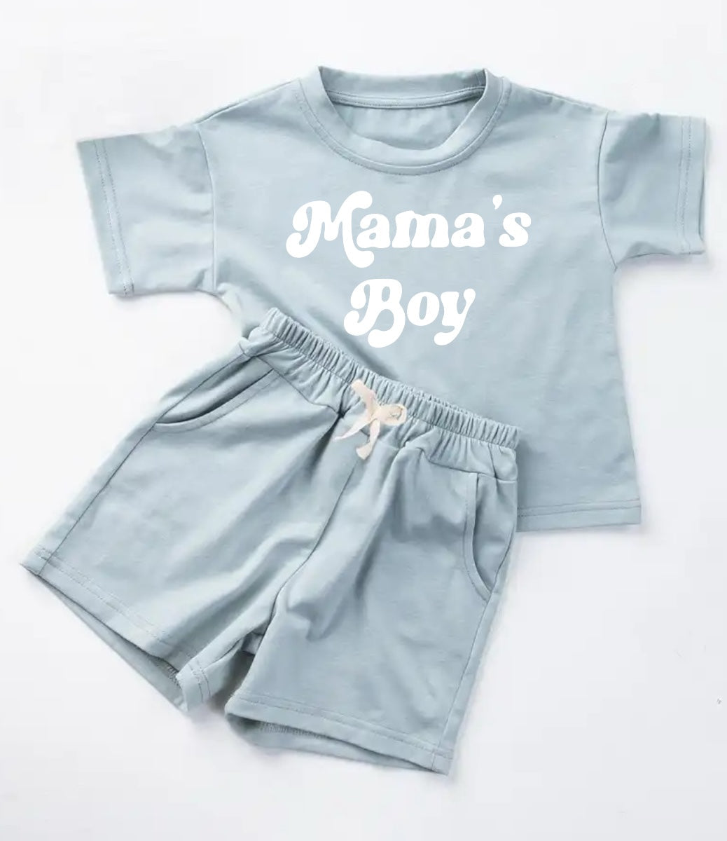custom moq 3 mama's boy blue short sleeve shorts boys set