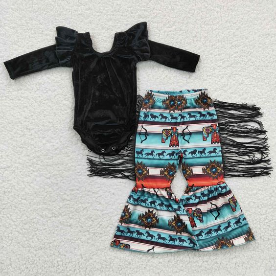 GSPO0522 black velvet long sleeve romper Western tassels pants girls set