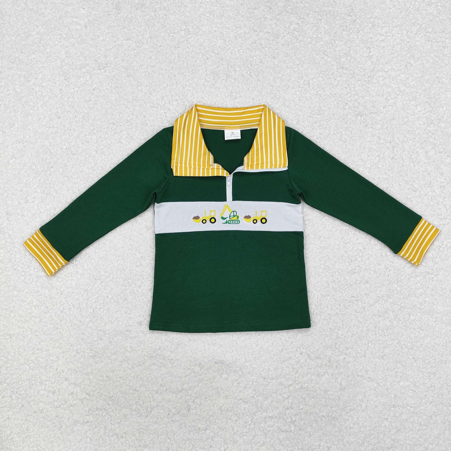 embroidery BT0931 cute construction truck green zipper long sleeve boys pullover boys top