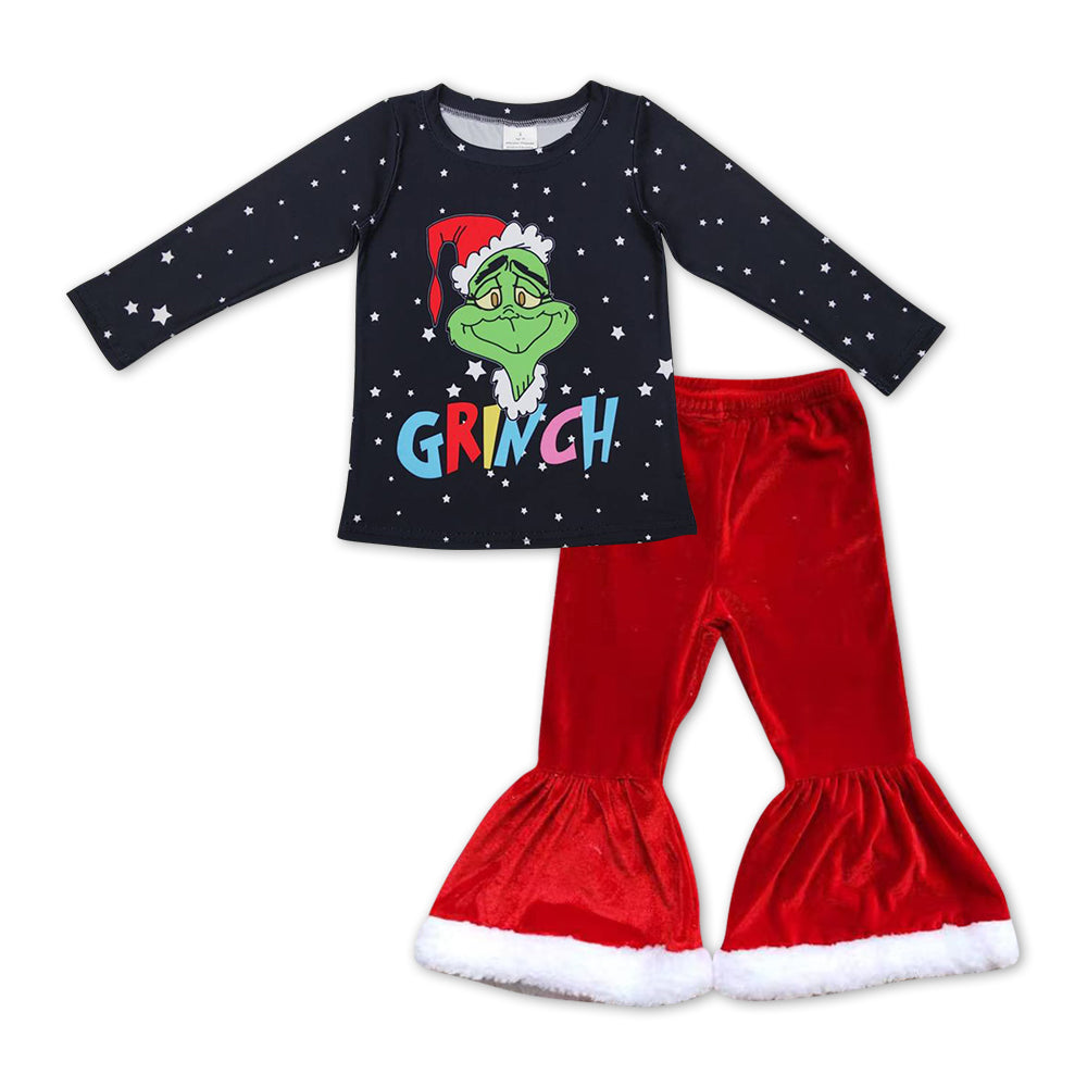 Christmas GLP1012 green face black long sleeve red velvet pants girls set
