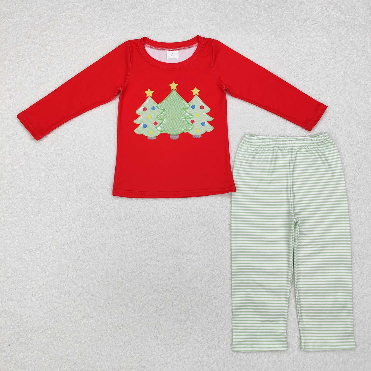 BLP0773 Christmas tree red long sleeve green striped pants boys set