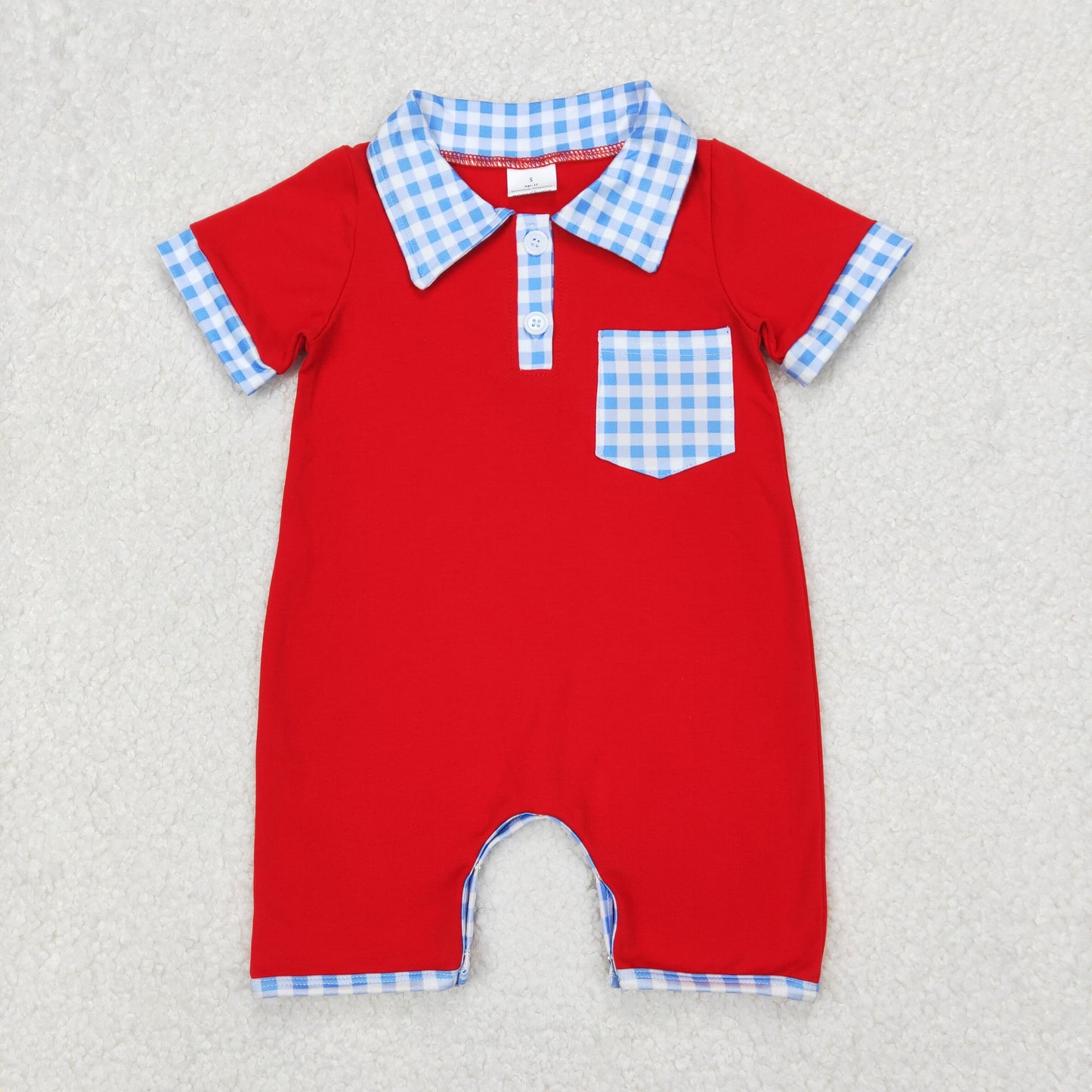 SR2352 July 4th red short sleeve blue checkered pocket boys romper