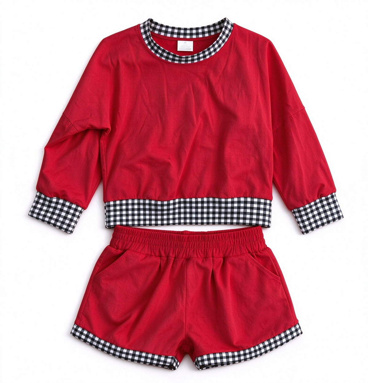 Custom Moq 8 Cotton Dark Red Long Sleeve Shorts Girls Set