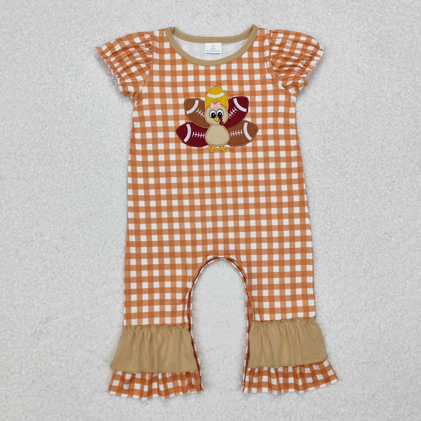 embroidery SR1886 Thanksgiving turkey brown checkered short sleeve girls romper