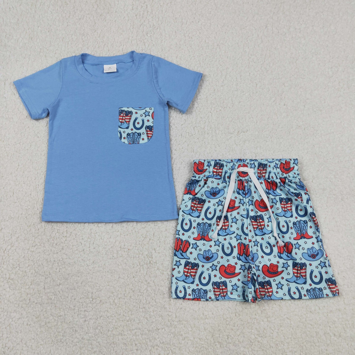 BSSO1829 July 4th Boots Hat Blue Pocket Short Sleeve Shorts Boys Set