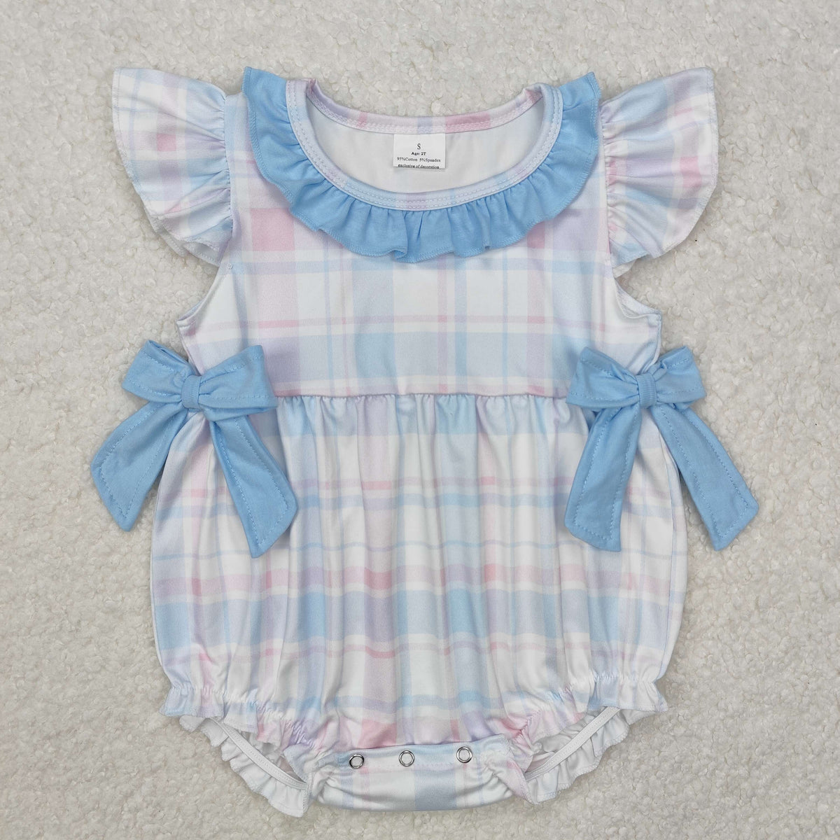 SR2139 colorful checkered blue bows flutter sleeve girls romper