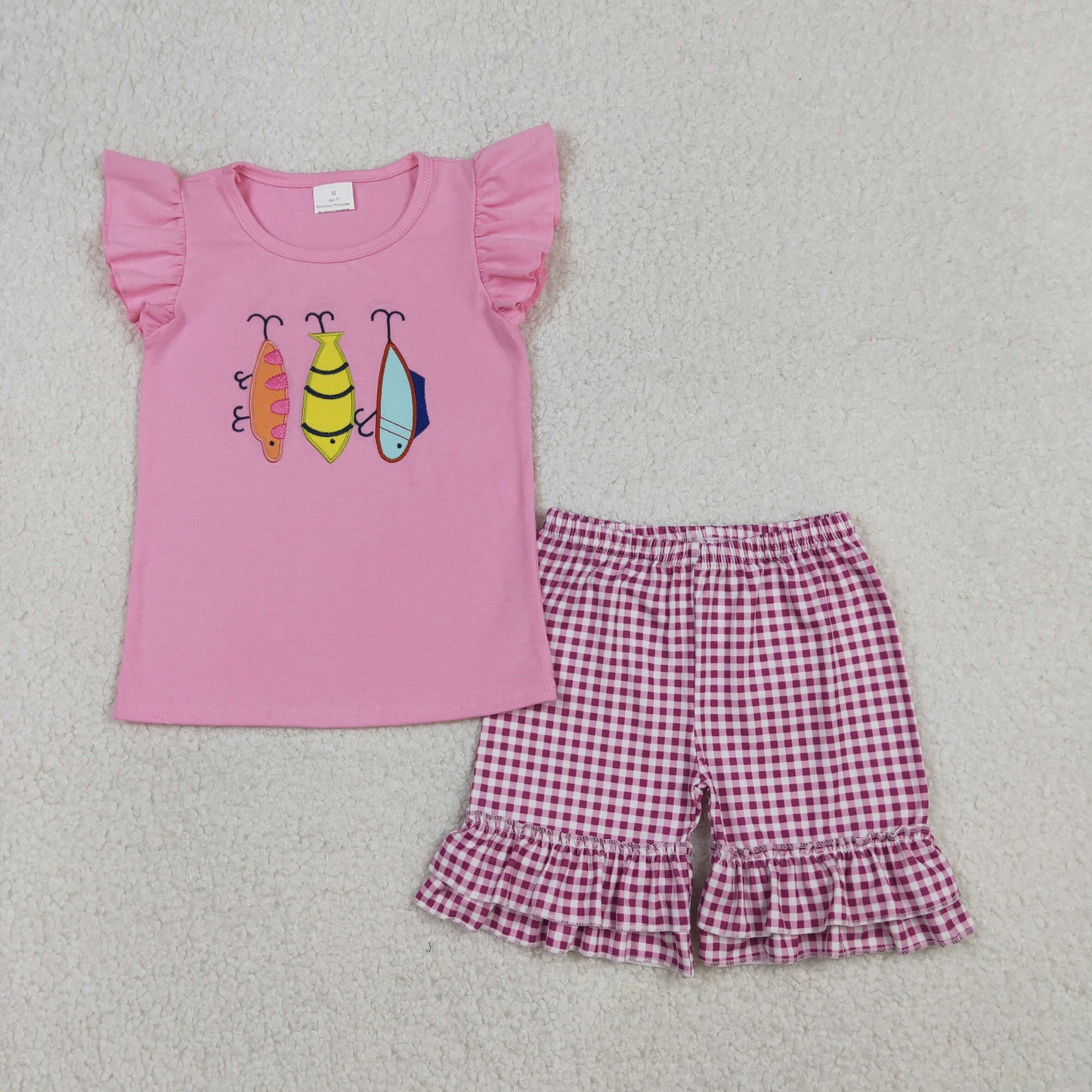 Embroidery GSSO2795 fishing pink flutter sleve shorts girls set