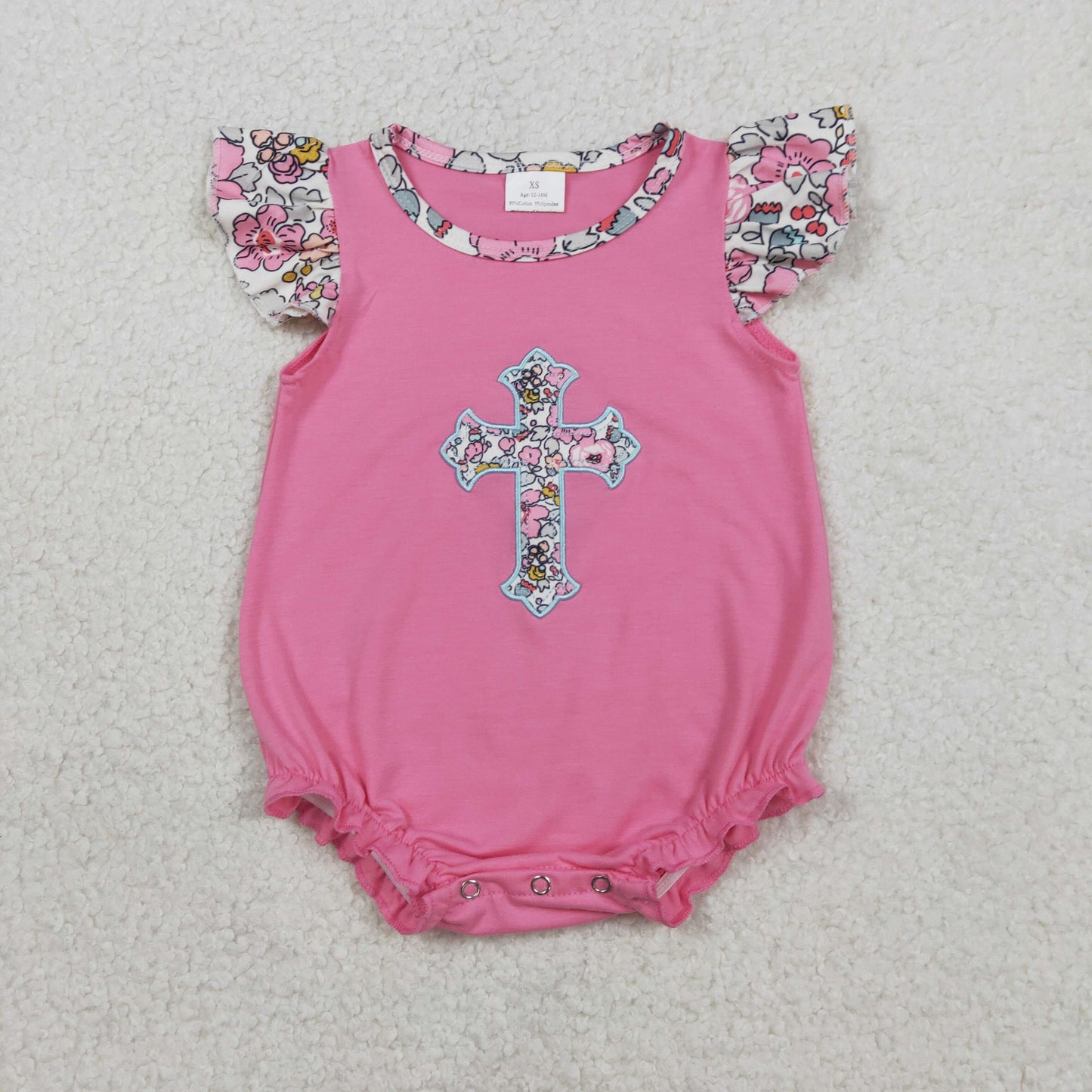 Embroidery SR3845 Easter Cross Flowers Pink Flutter Sleeve Girls Romper