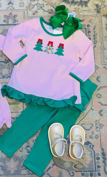 custom Christmas tree pink striped long sleeve green pants girls set