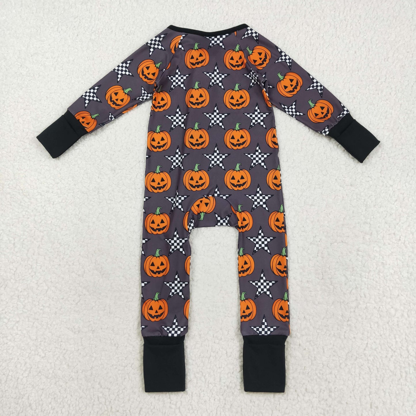 Custom moq 20 bamboo Halloween smile pumpkin star black zipper long sleeve boys romper