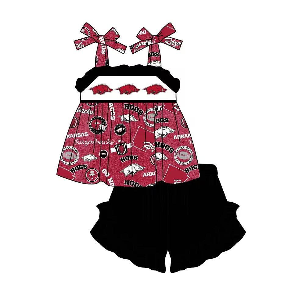 custom style Arkansas red lace-up top black shorts girls set