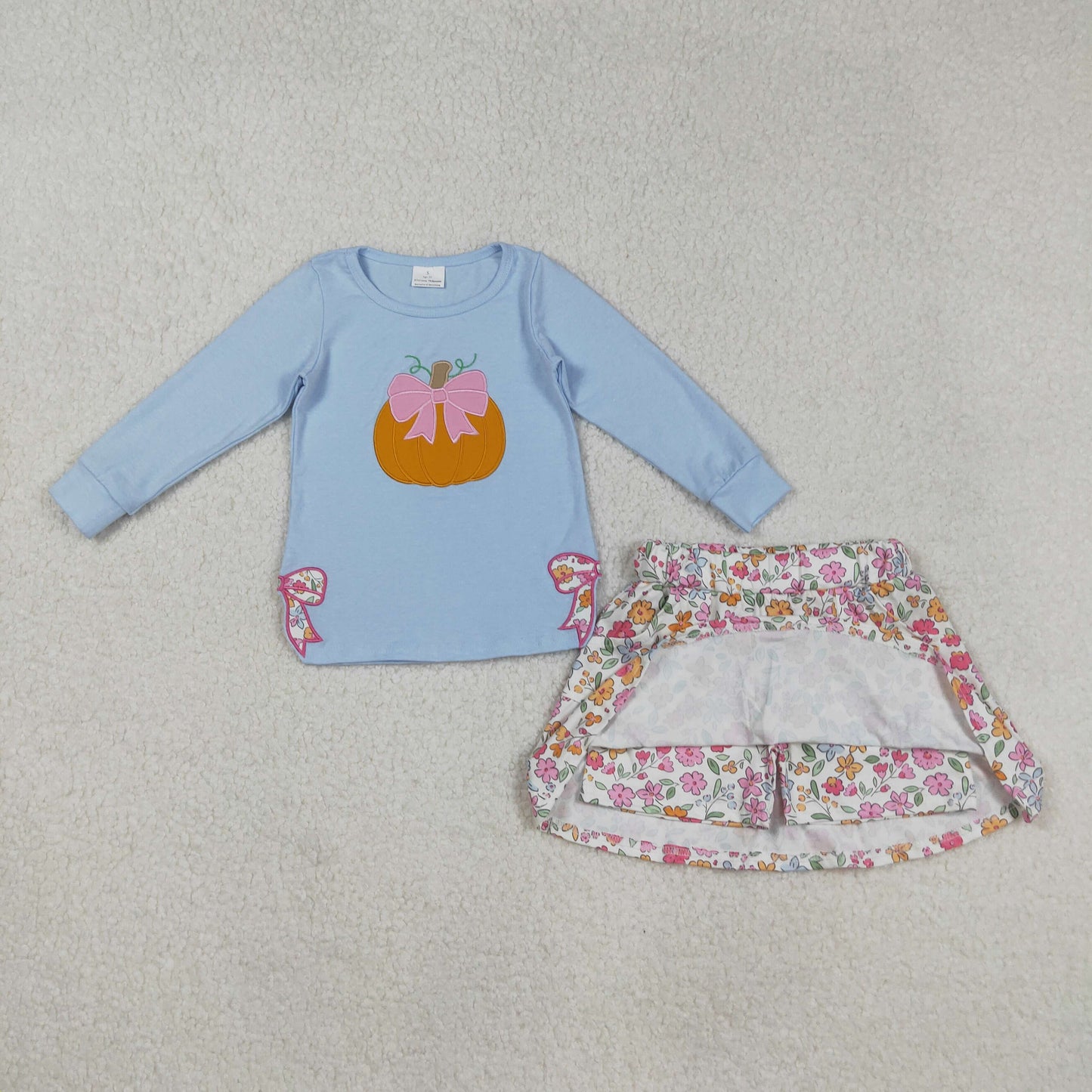 embroidery GLD1172 spilt side bows pumpkin bow blue long sleeve flowers skirt skorts girls set