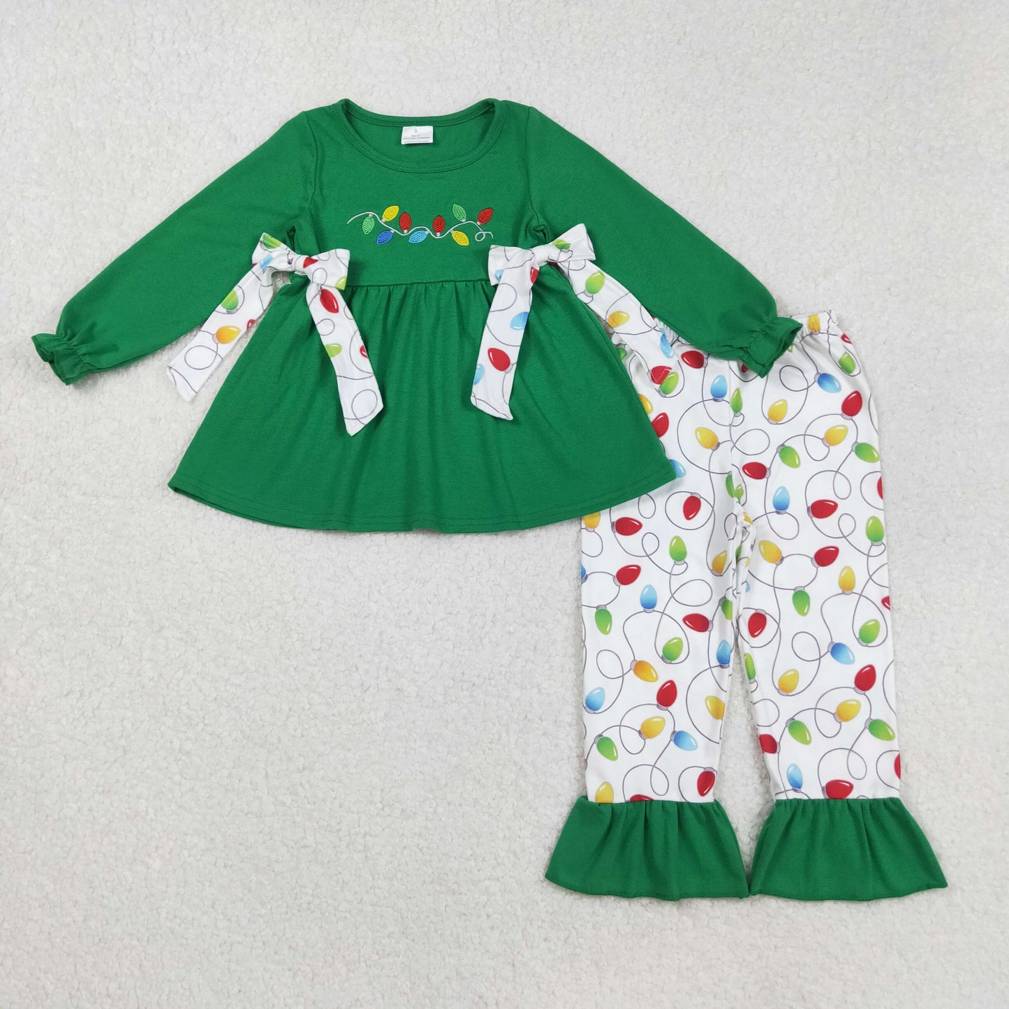 embroidery GLP2491 Christmas light bows green long sleeve pants girls set