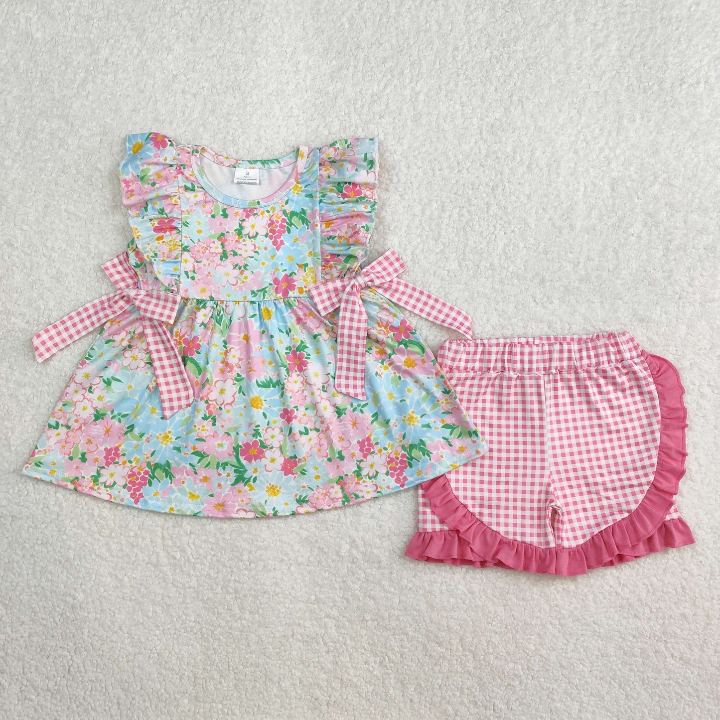 GSSO2111 watercolor colorful flowers pink bows ruffles sleeve checkered shorts girls set