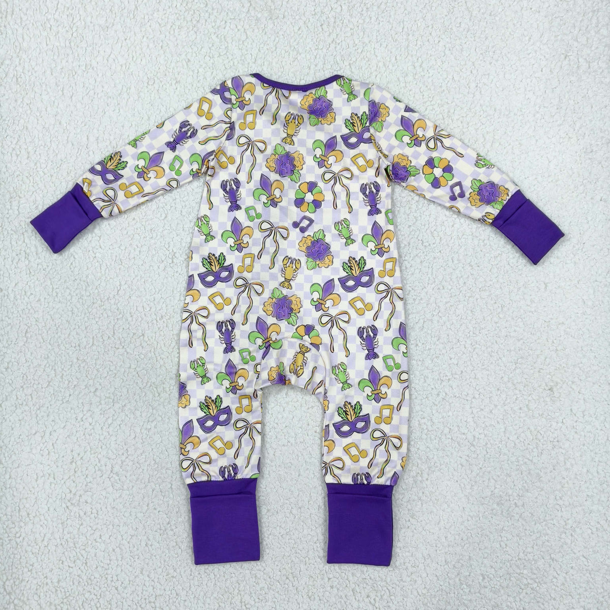 LR3335 Mardi Gras Crayfish Checkered Zipper Long Sleeve Girls Romper