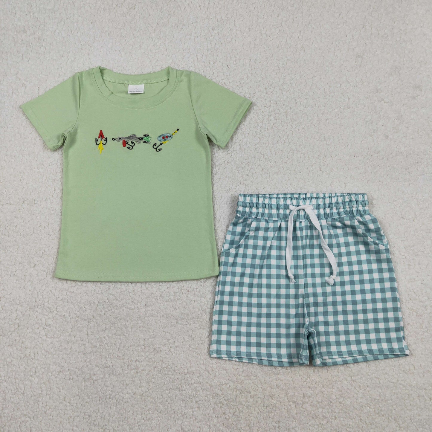 Embroidery BSSO1621 fishing short sleeve blue checkered shorts boys set