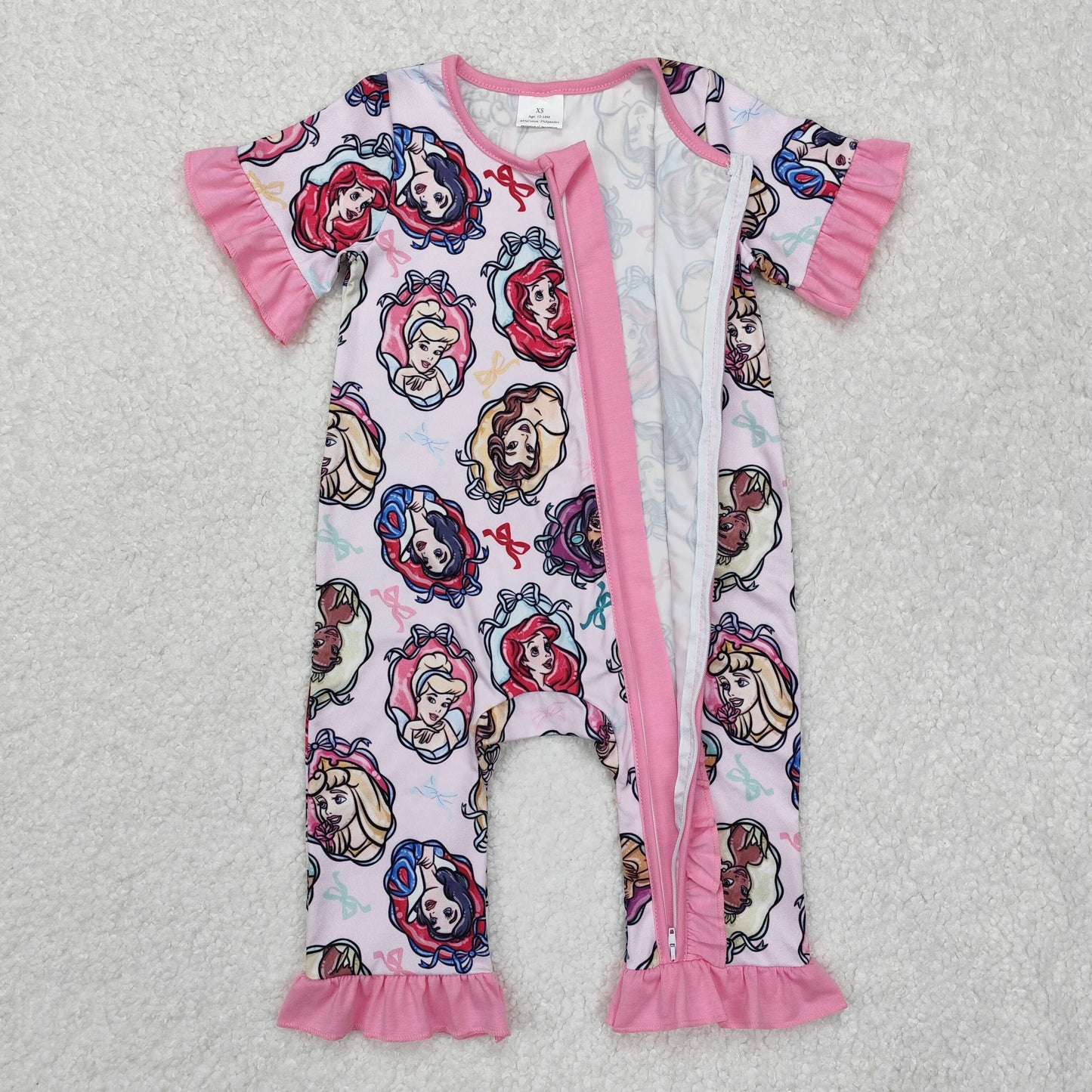 SR2309 cartoon princess pink bows ruffles zipper short sleeve girls romper