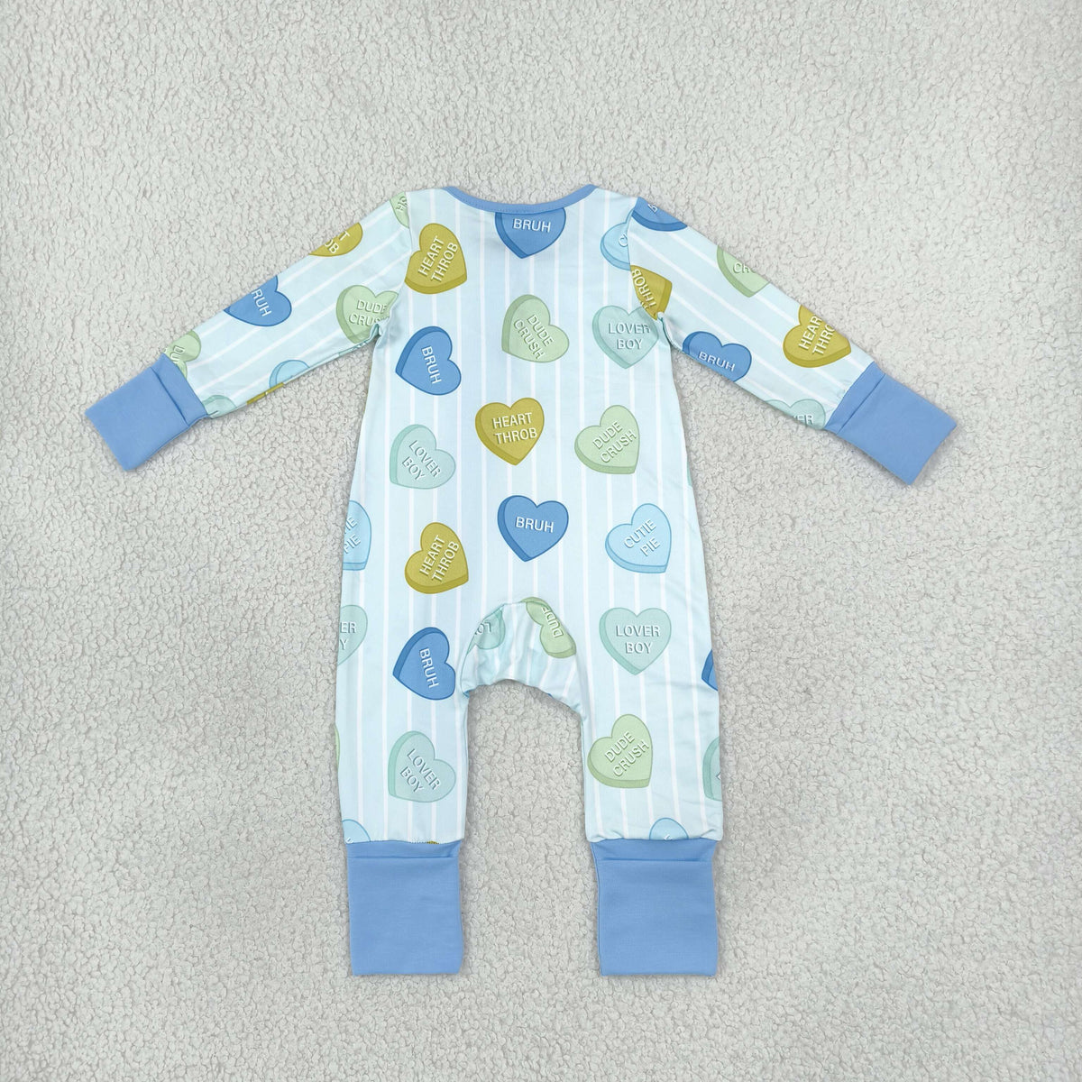 LR3326 Valentine's Day Heart Blue Striped Zipper Long Sleeve Girls Romper
