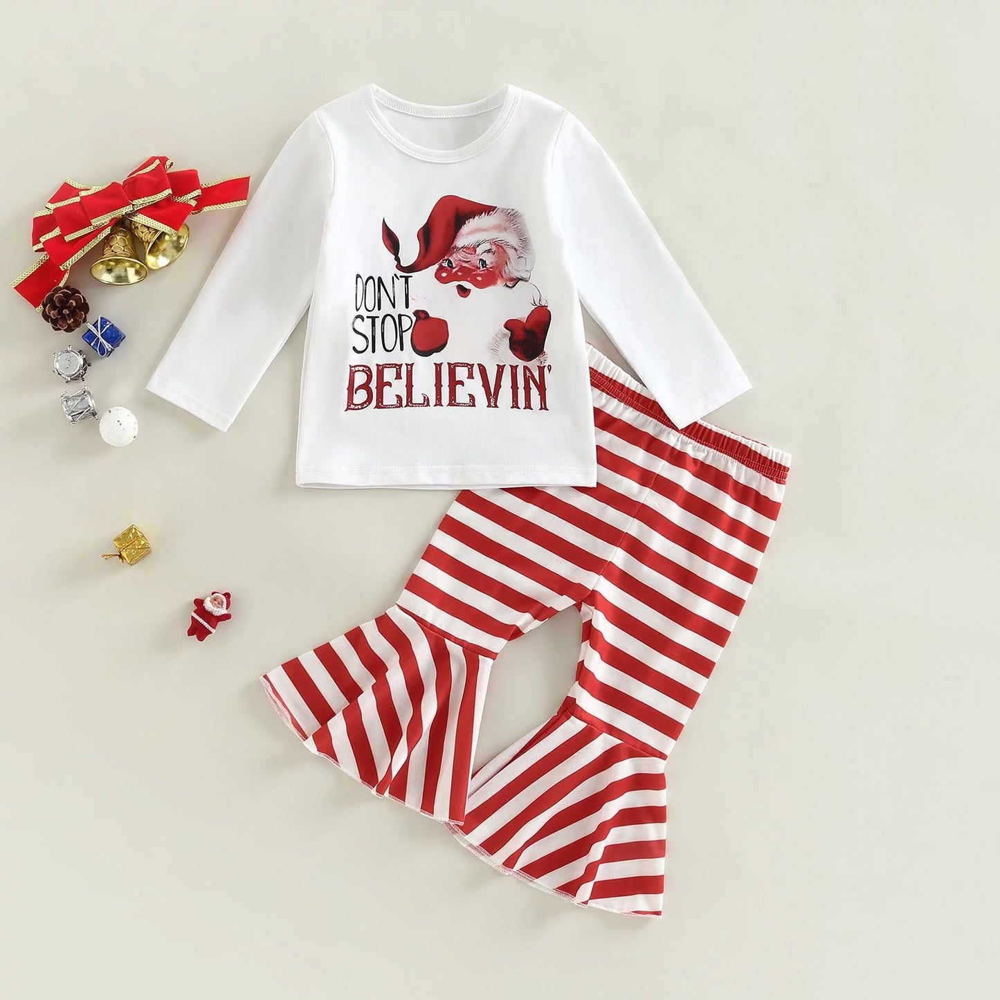 Custom S 10.3 Christmas Santa long sleeve red striped pants girls set