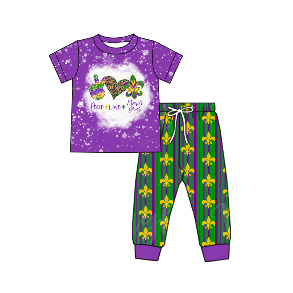 Preorder BSPO0512 Peace Love Mardi Gras mask heart purple short sleeve green striped pants boys set