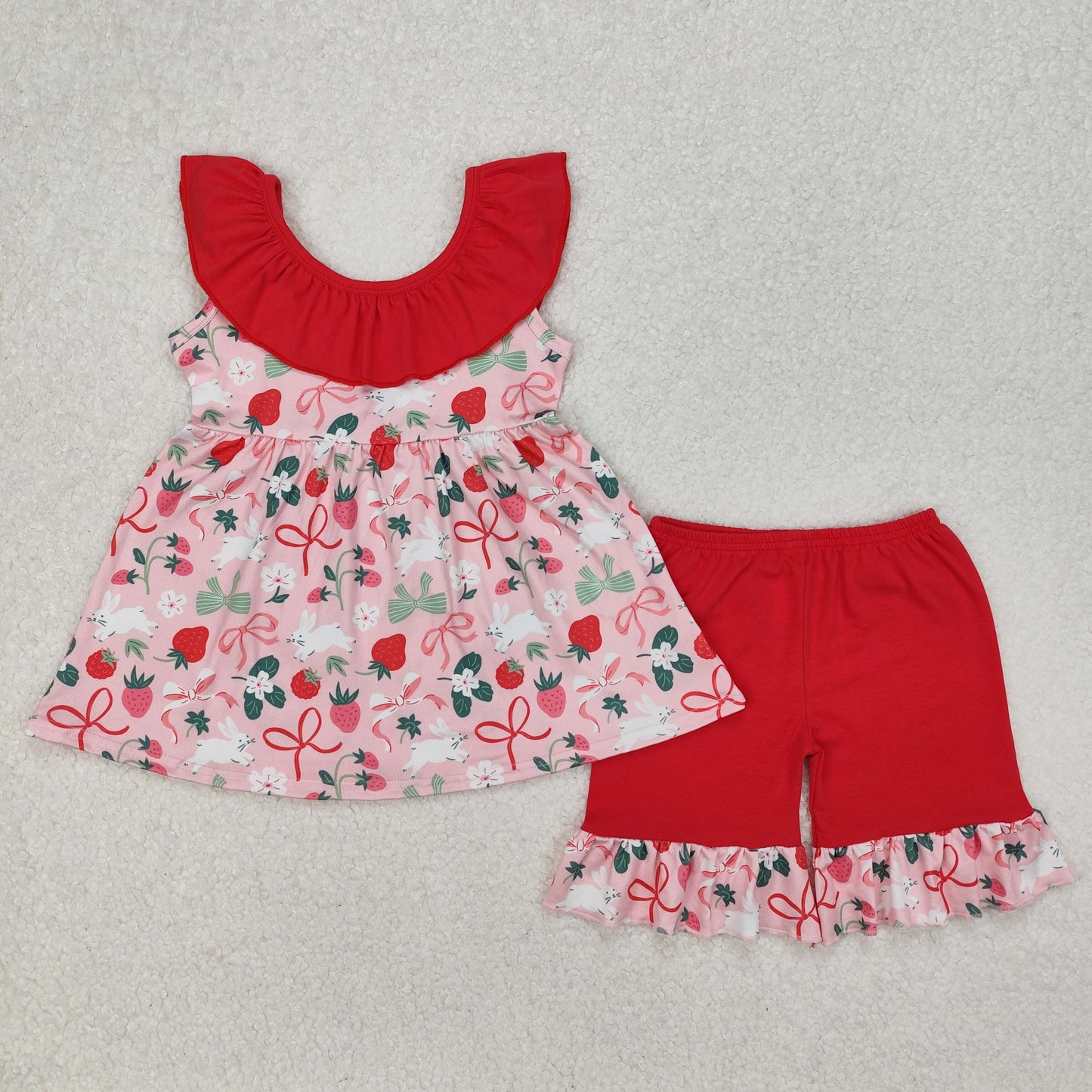 GSSO1914 Rabbit Strawberry Flowers With Bow Red Shorts Girls Set