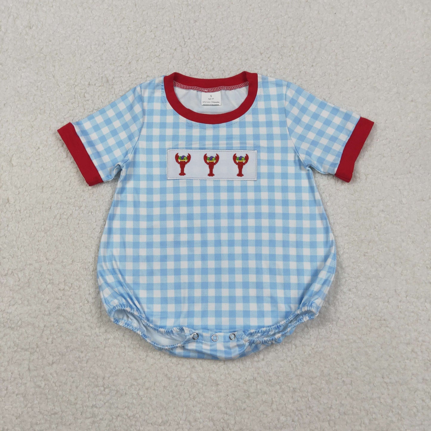 embroidery SR3257 Mardi Gras crayfish blue checkered short sleeve boys romper
