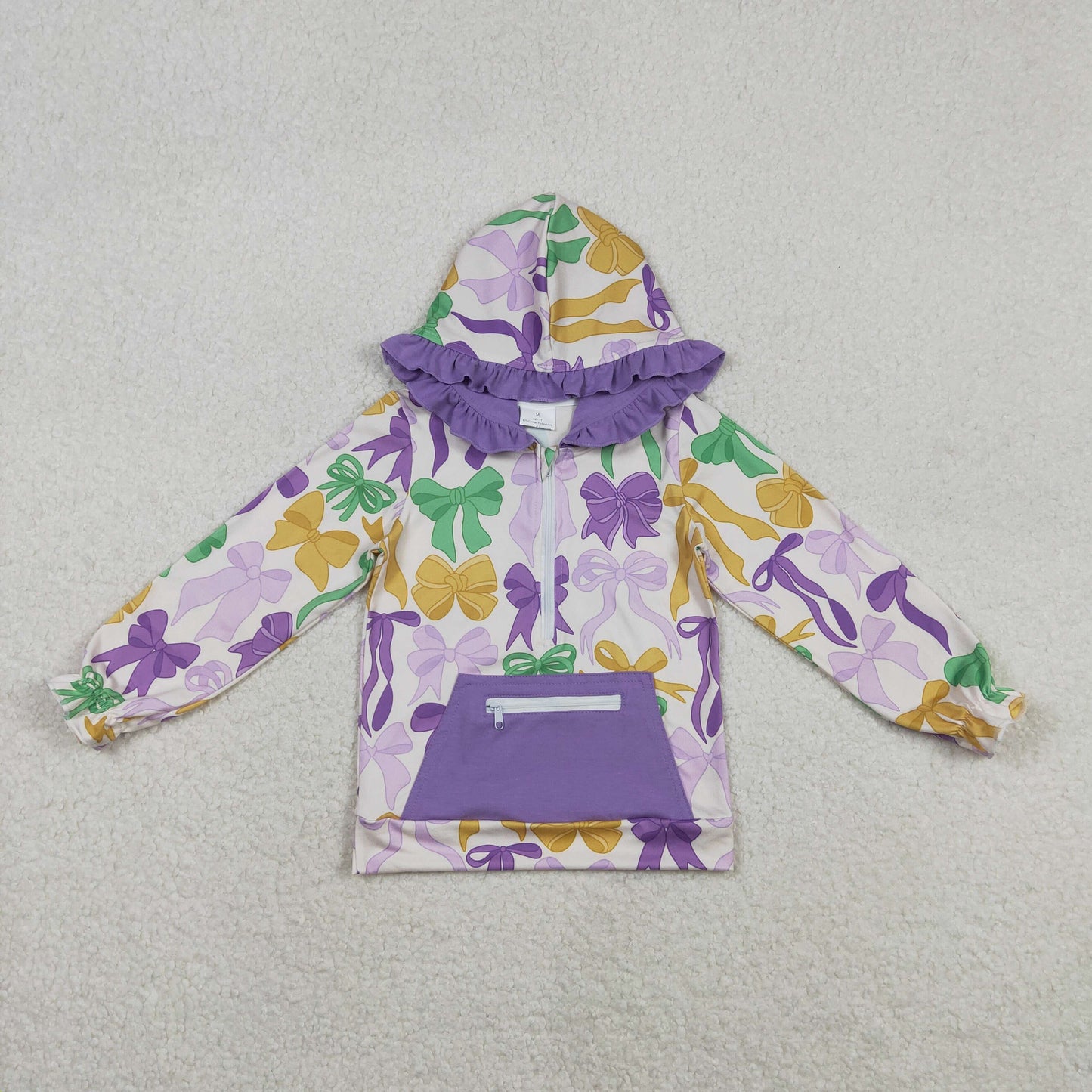 GT1222 Mardi Gras purple/yellow/green bows zipper hoodie long sleeve girls top
