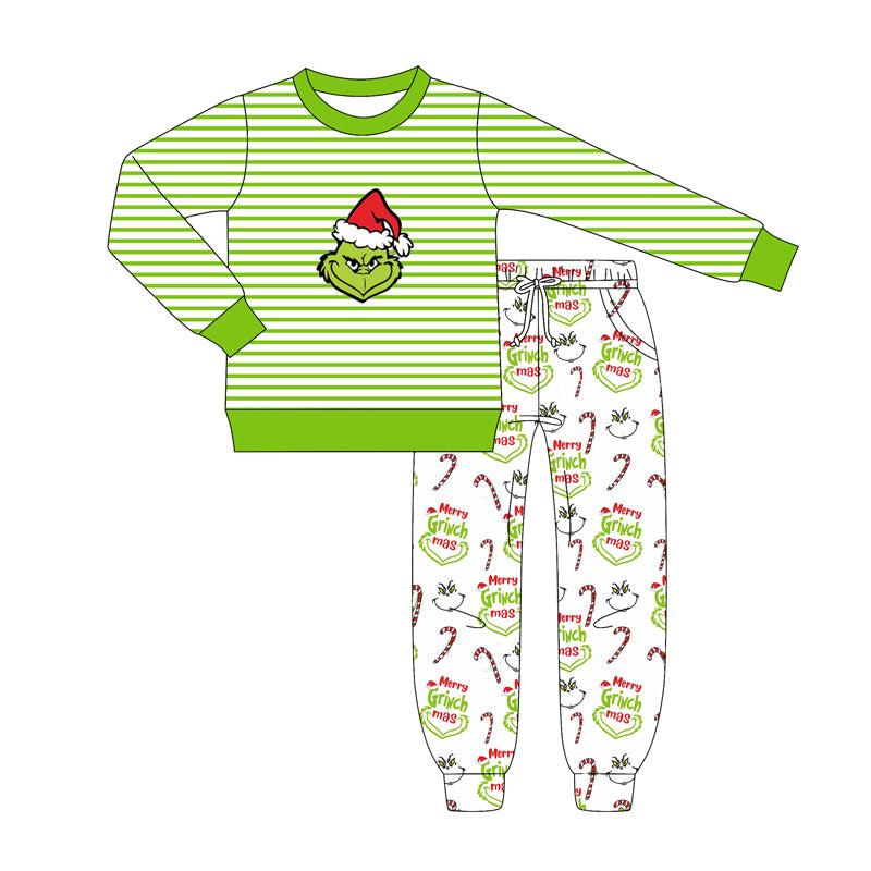 preorder BLP1262 Christmas green face striped long sleeve pants boys set
