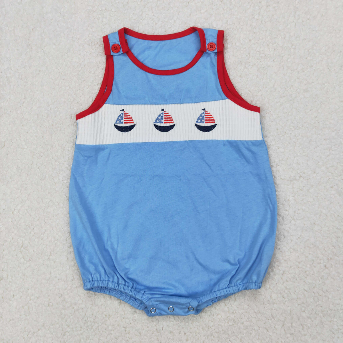 smocked SR2574 July 4th flag sailboat blue sleeveless boys romper