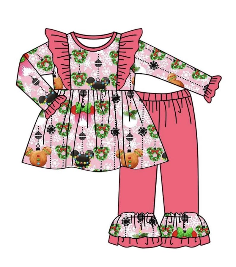 preorder Christmas cartoon M holly berry pink long sleeve watermelon red pants girls set