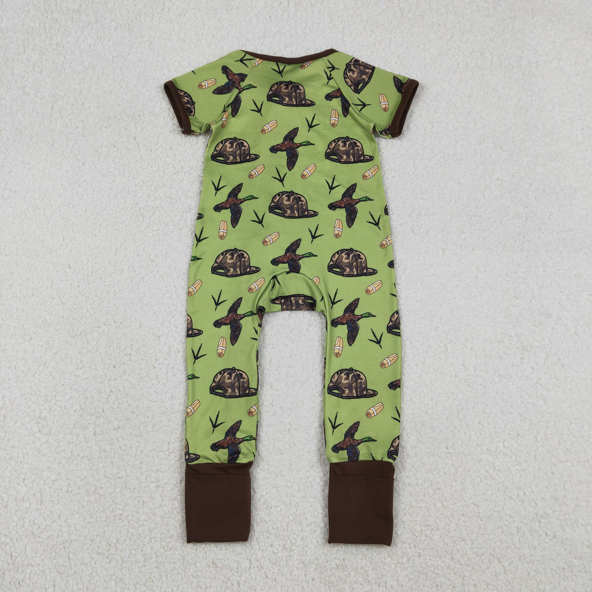 SR3499 Hunting Mallard Duck Camo Hat Green Zipper Short Sleeve Boys Romper